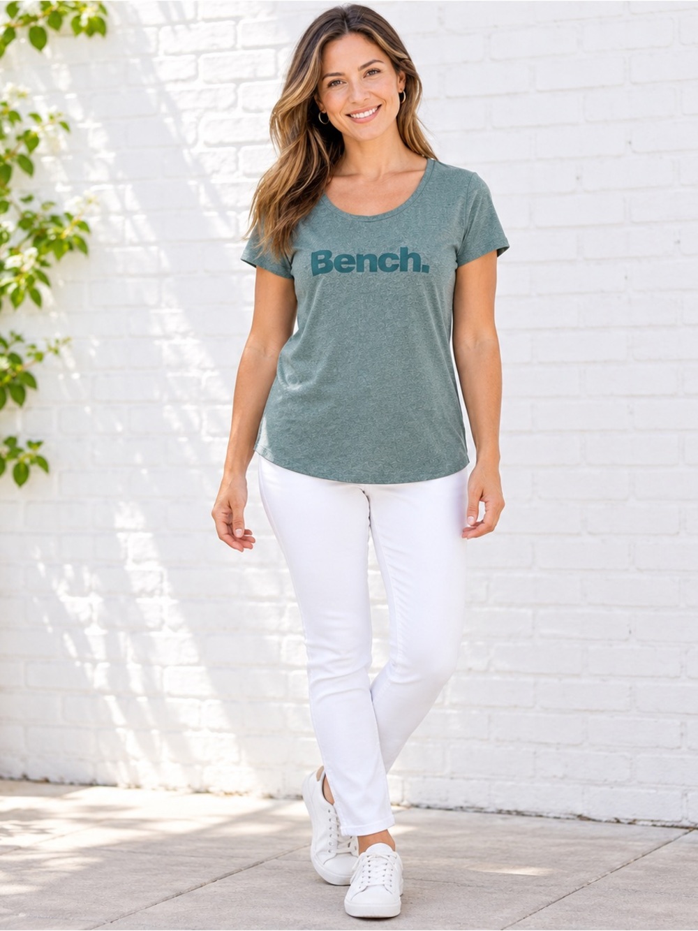 Bench Women's Teal Green Scoop Neck Logo Tee